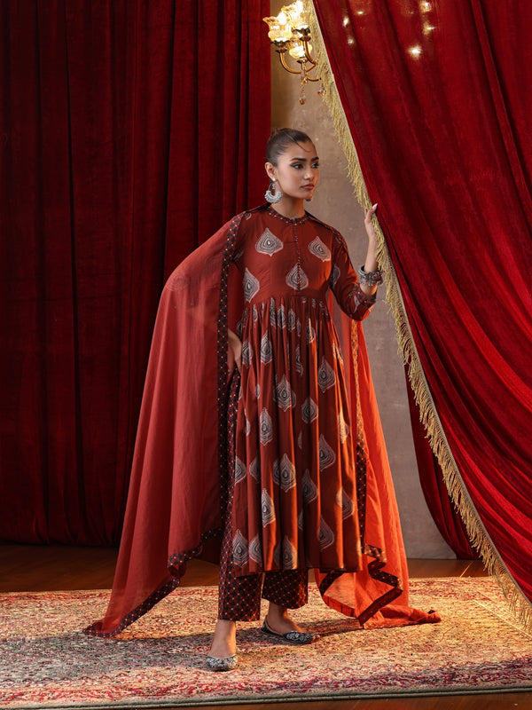 Khushal K Women Cotton kurta and palazzo with dupatta set - Rust