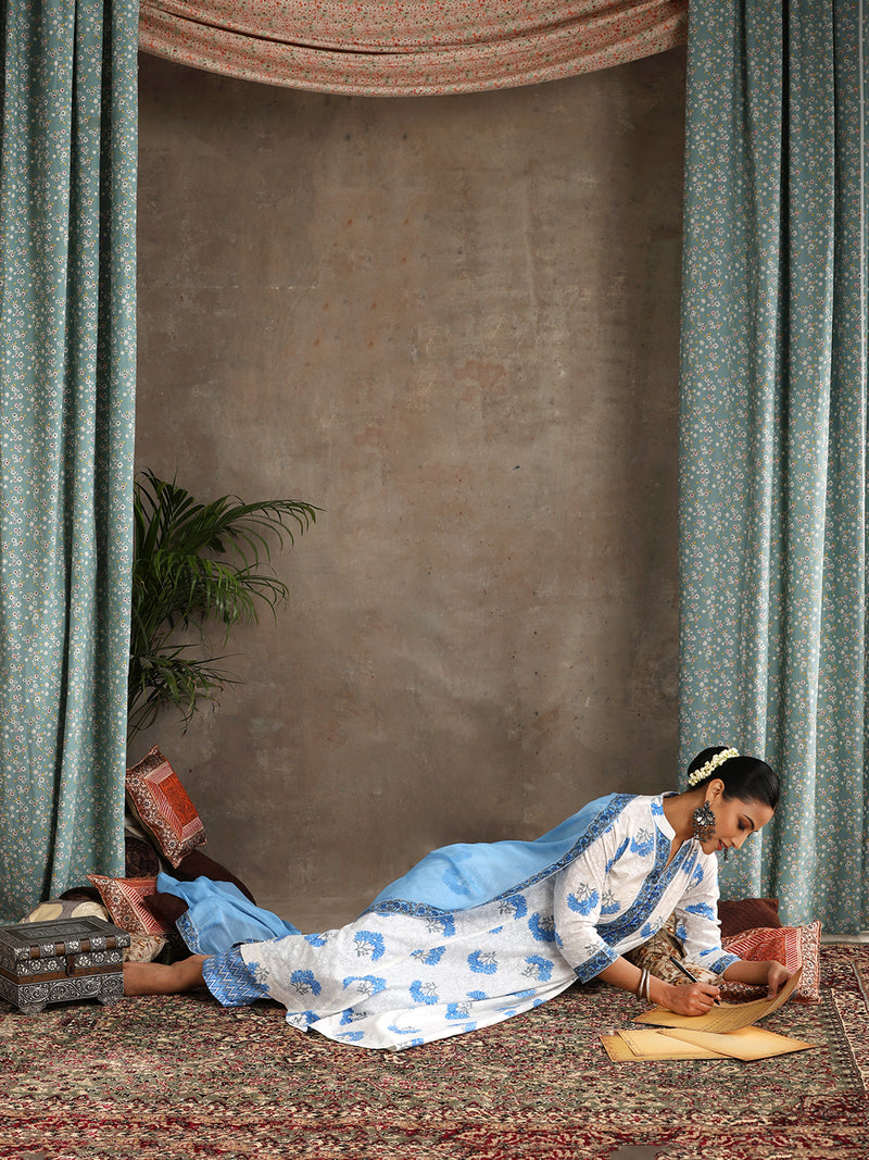 Floral Printed Pure Cotton A-Line Kurta With Palazzos And Dupatta