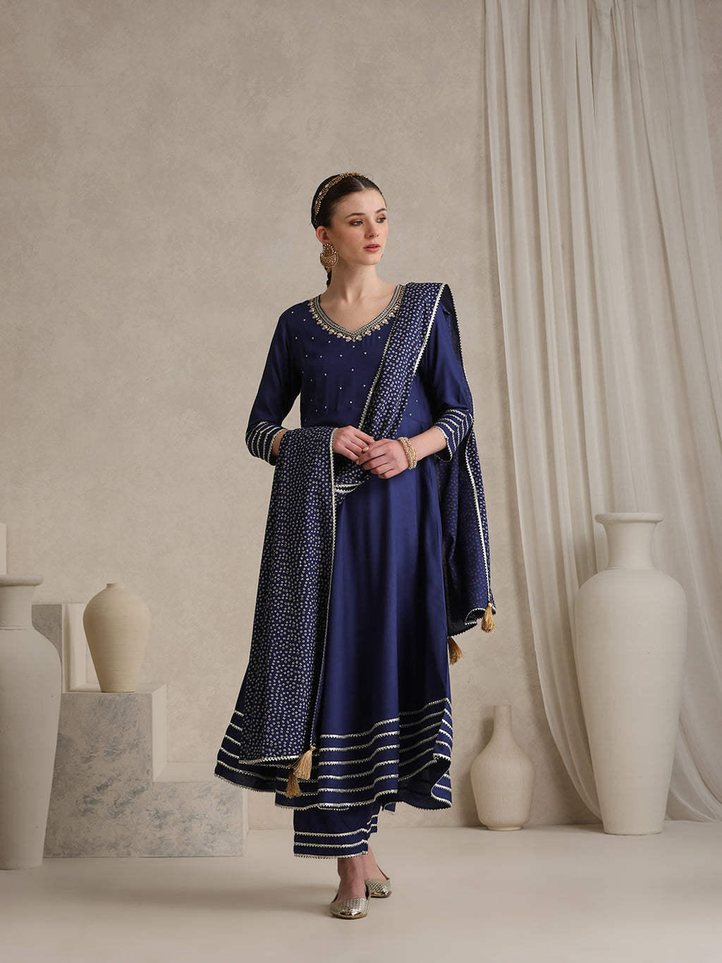 Floral Embroidered Gotta Patti V-Neck Anarkali Kurta With Palazzos & Dupatta