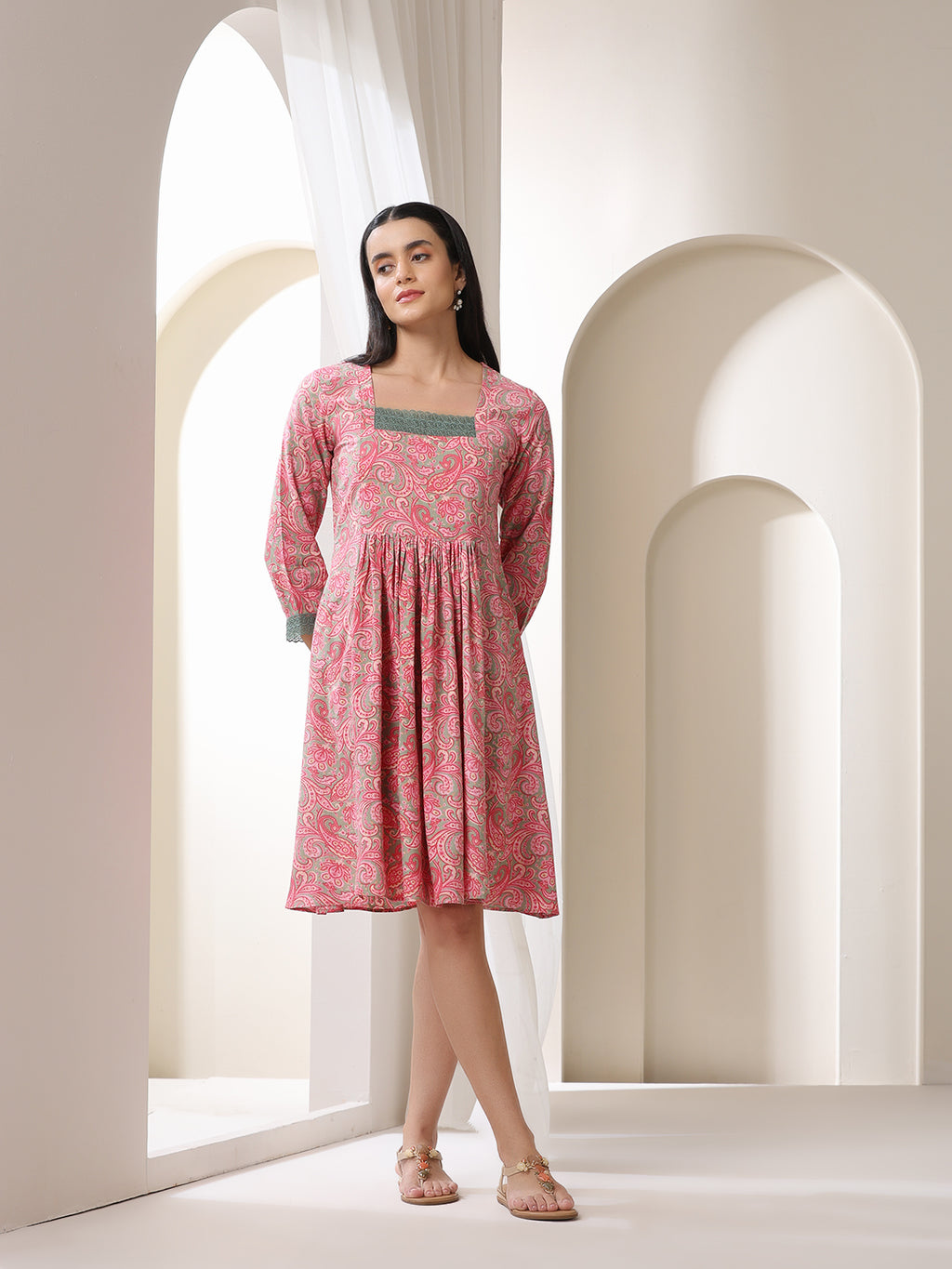 Tribal Printed Square Neck Fit & Flare Dress