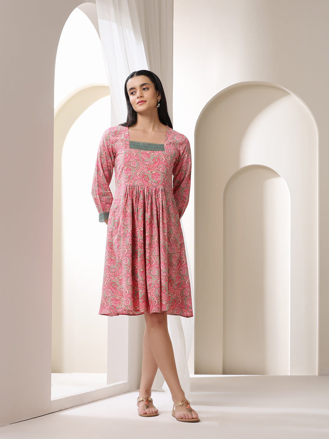 Tribal Printed Square Neck Fit & Flare Dress