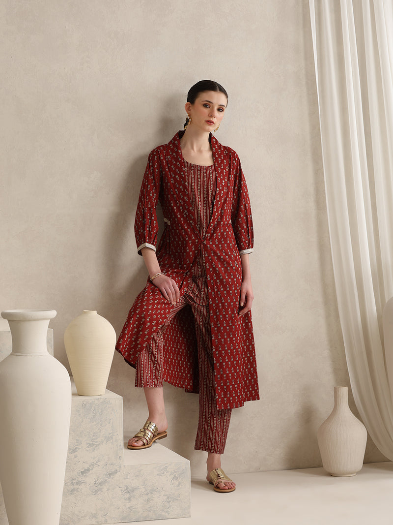 Rust Handblock Printed Cotton Co-ord Set with Jacket