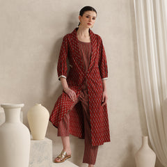 Rust Handblock Printed Cotton Co-ord Set with Jacket