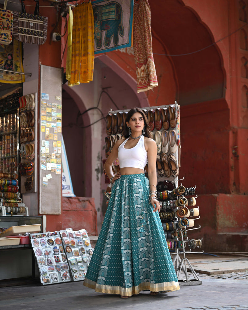 Khushal K Women's Turquoise Blue Printed Cotton Flared Maxi Skirt