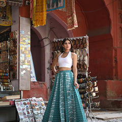Khushal K Women's Turquoise Blue Printed Cotton Flared Maxi Skirt