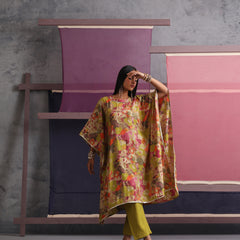 Khushal K Women Round Neck Prined Chanderi Green Kaftan set