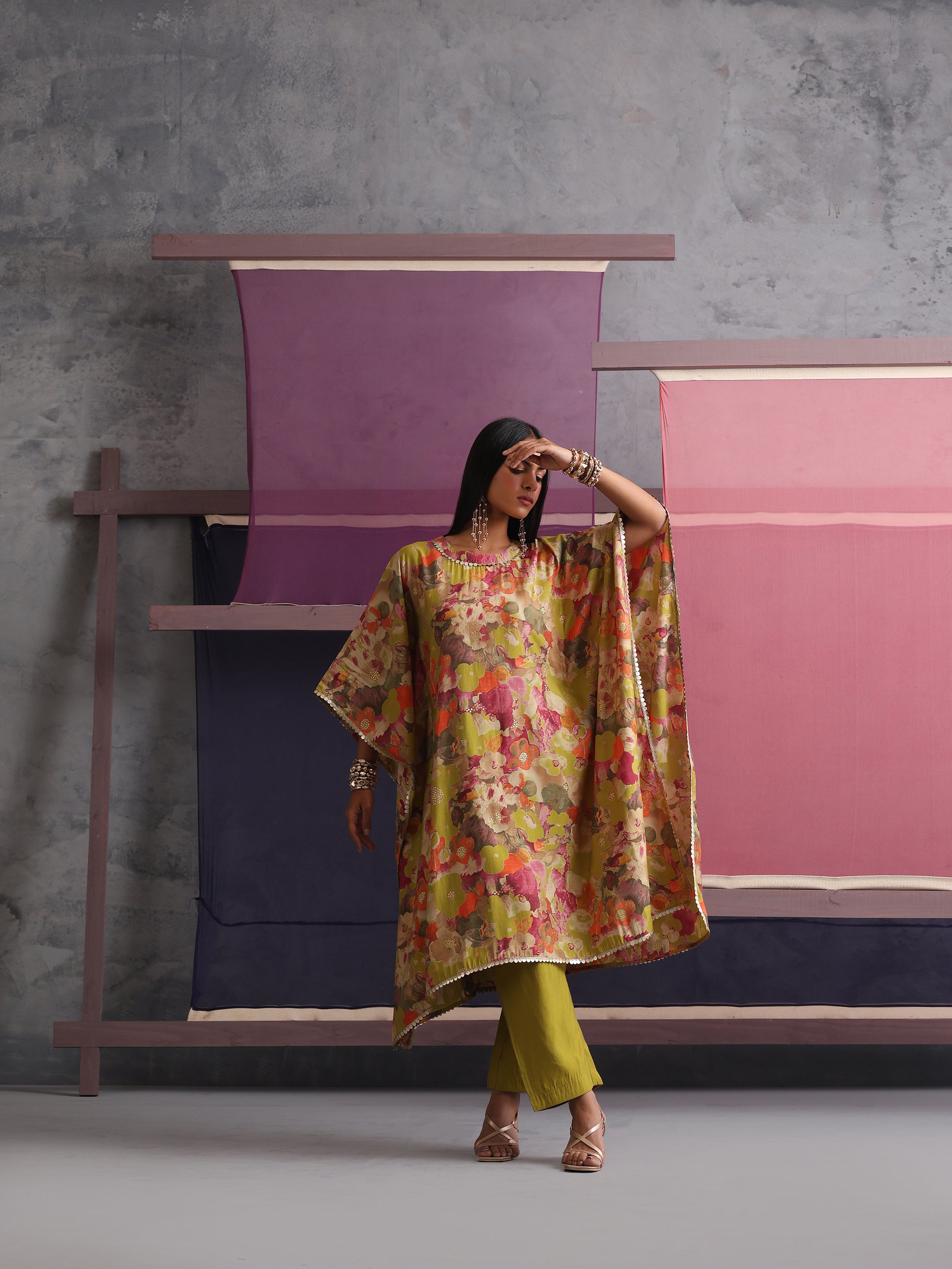 Khushal K Women Round Neck Prined Chanderi Green Kaftan set