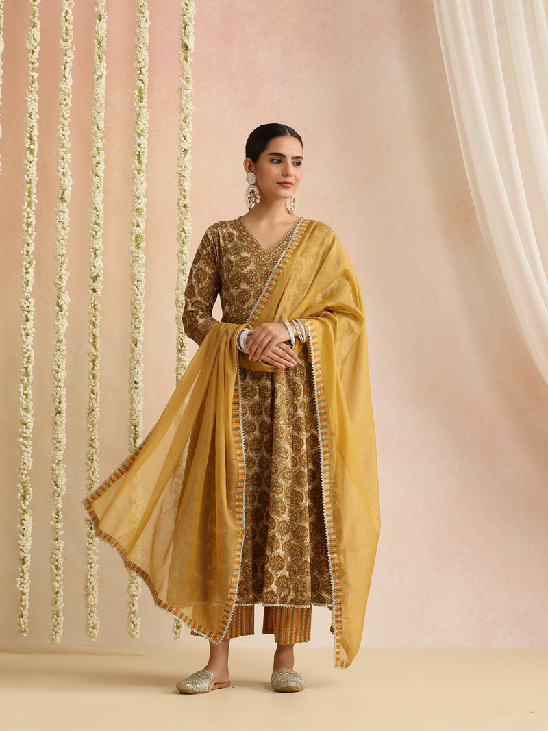 Women Ethnic Motifs Printed Cotton Anarkali Kurta with Palazzos & Dupatta