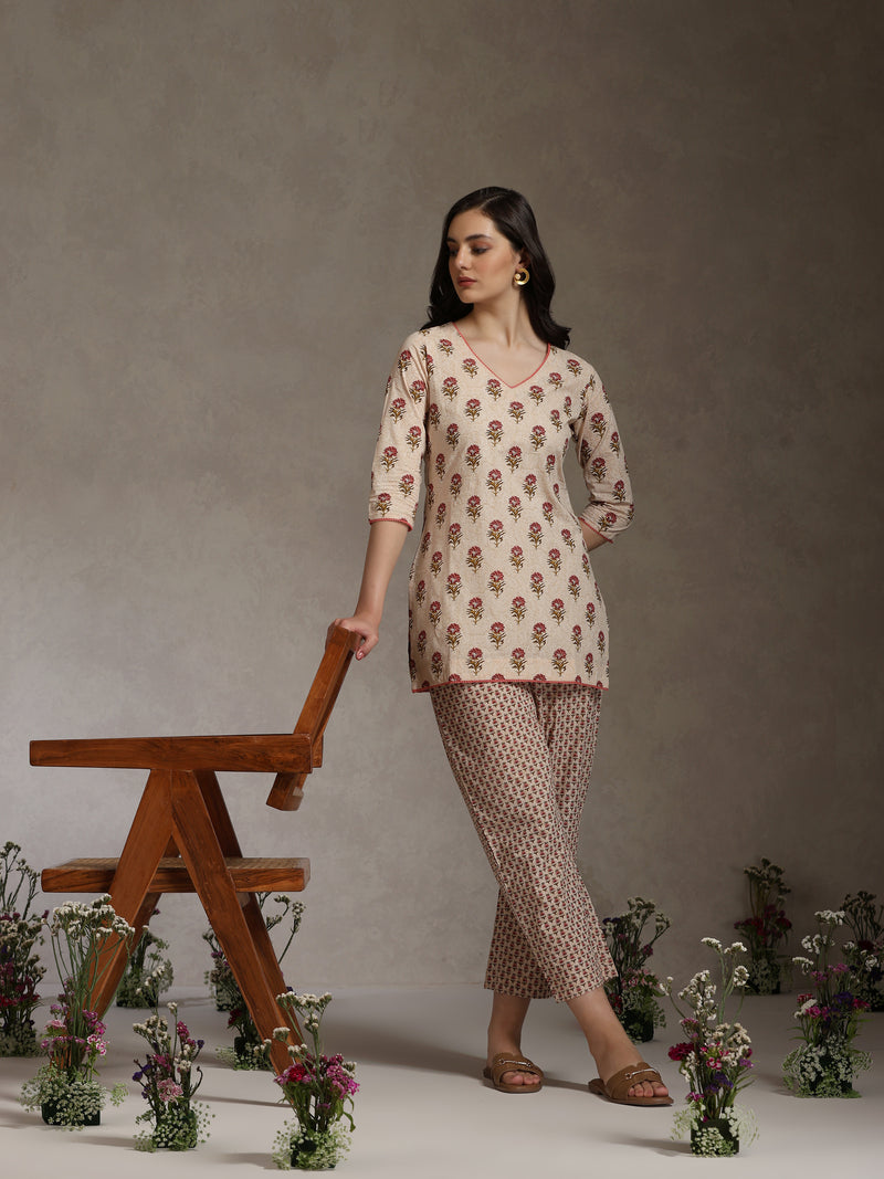 Floral Printed Cotton V-Neck Tunic With Trouser Co-Ords