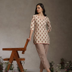 Floral Printed Cotton V-Neck Tunic With Trouser Co-Ords