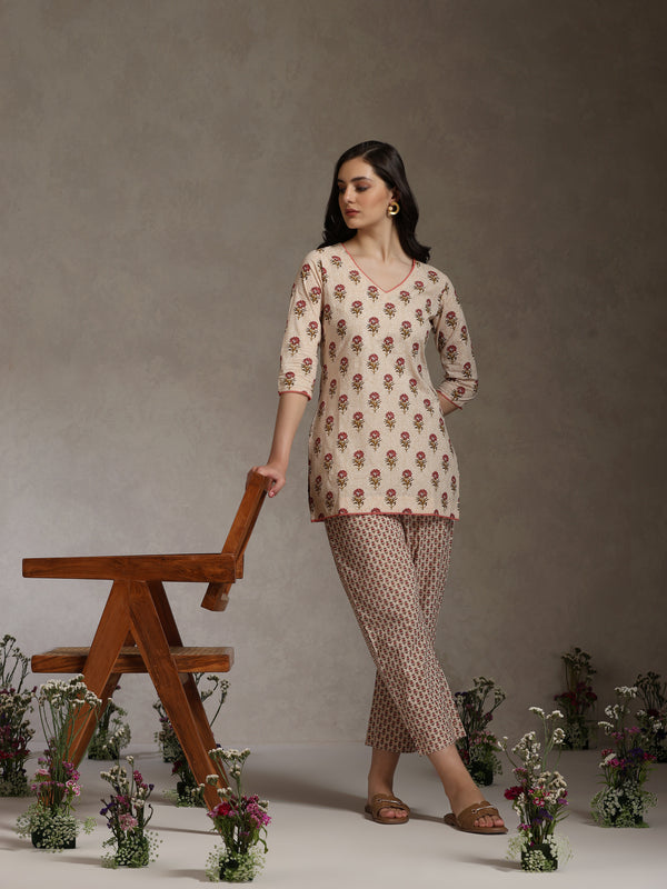 Floral Printed Cotton V-Neck Tunic With Trouser Co-Ords