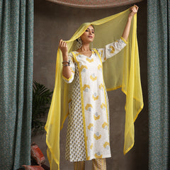 Floral Printed Pure Cotton Straight Kurta With Palazzos And Dupatta