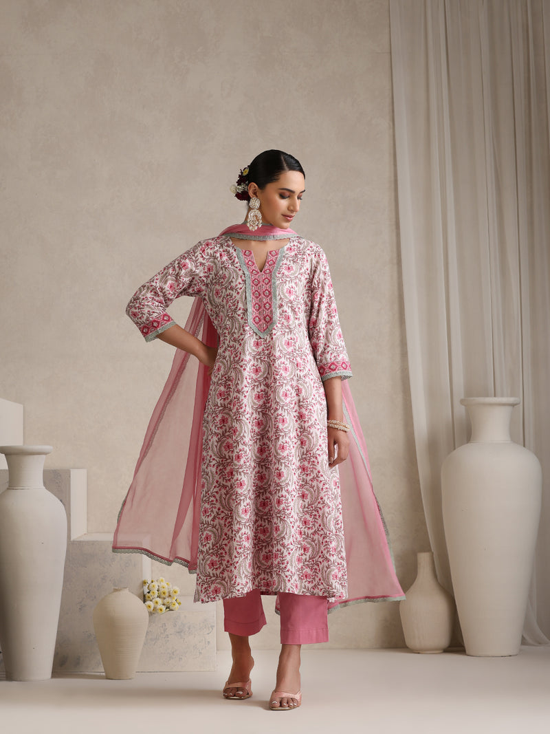 Women Floral Printed Angrakha Pure Cotton Kurta with Palazzos & With Dupatta