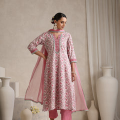Women Floral Printed Angrakha Pure Cotton Kurta with Palazzos & With Dupatta
