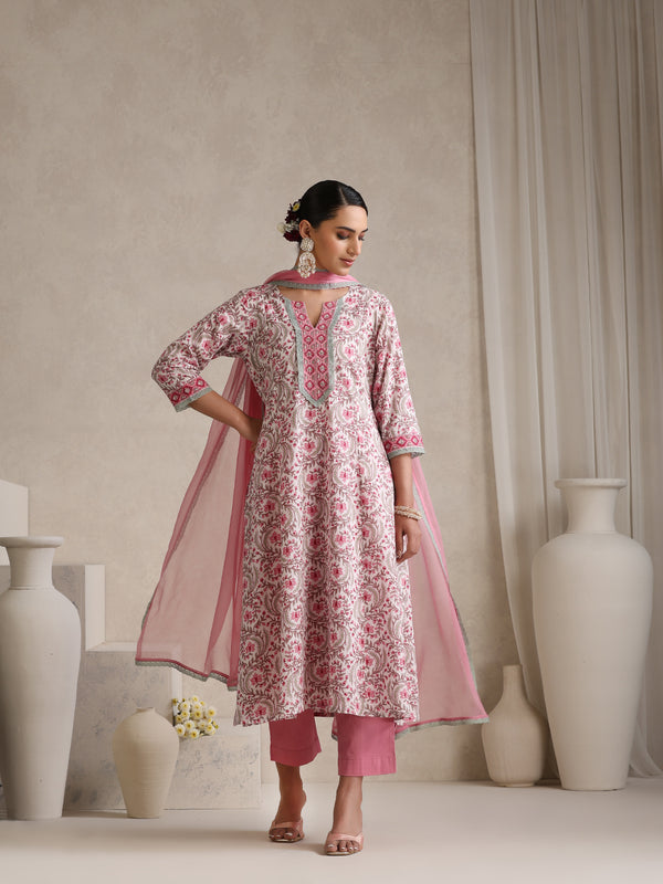 Women Floral Printed Angrakha Pure Cotton Kurta with Palazzos & With Dupatta