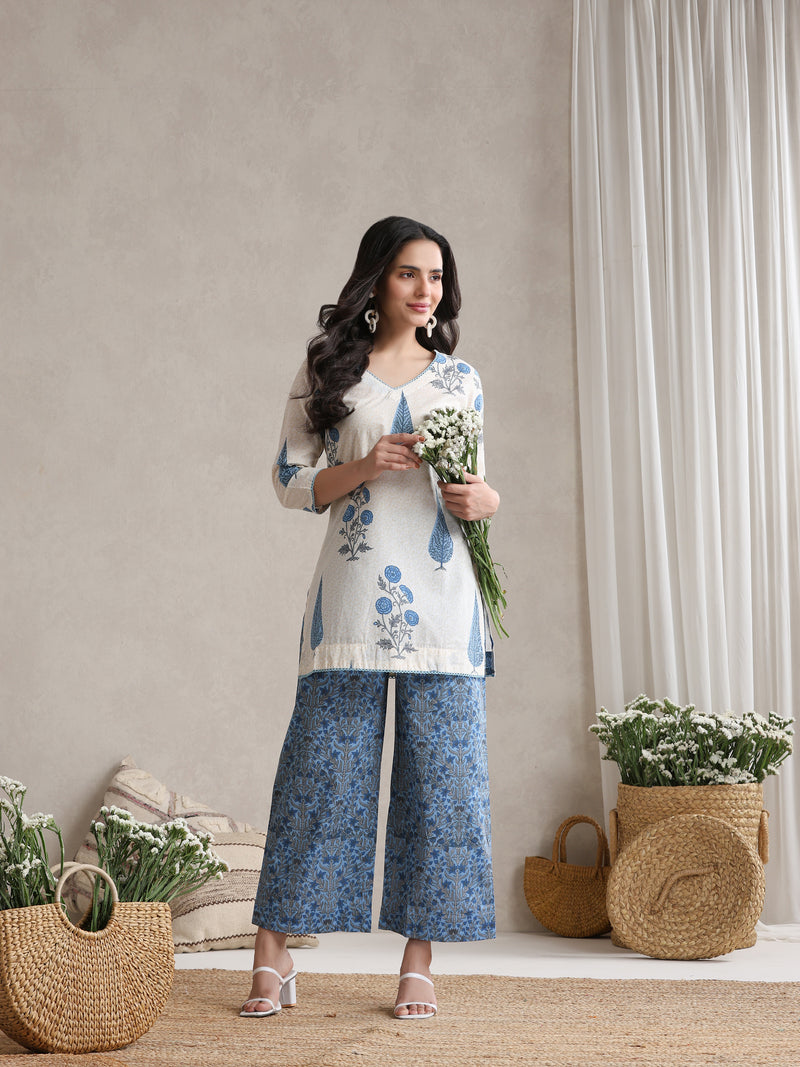 Floral Printed Cotton V-Neck Tunic With Palazzo Co-Ords