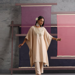 Khushal K Women Motifs Yoke Round Nack Design Beige Kaftan set