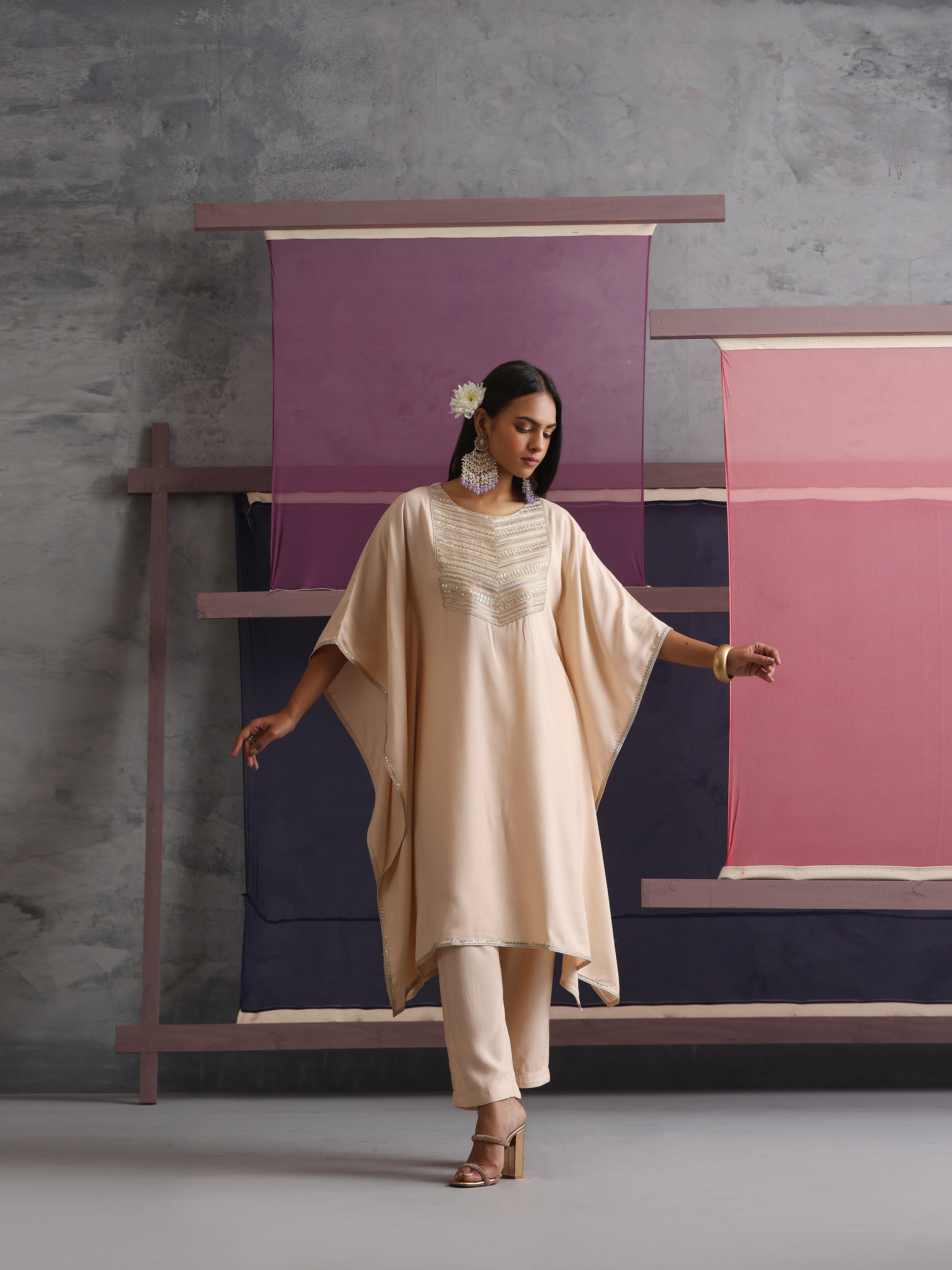 Khushal K Women Motifs Yoke Round Nack Design Beige Kaftan set