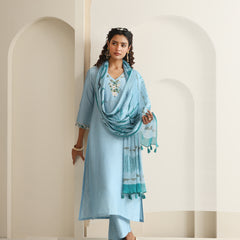 Khushal K Women Pure Silk blue Embroidered Kurta & Palazzo With Dupatta