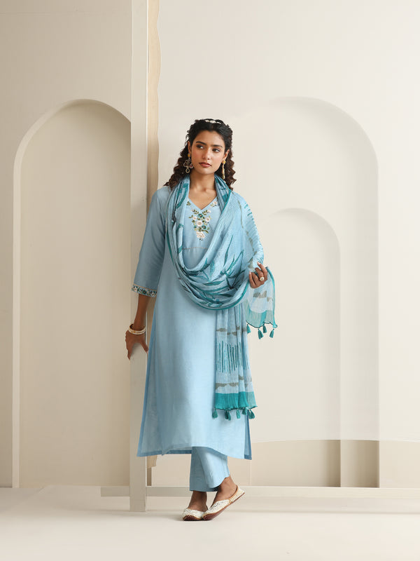 Khushal K Women Pure Silk blue Embroidered Kurta & Palazzo With Dupatta