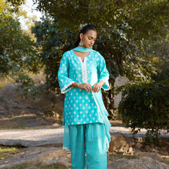 Khushal K Women Printed Regular Pure Cotton turquoise blue Kurta & Palazzo With Dupatta