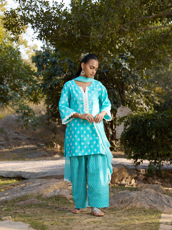 Khushal K Women Printed Regular Pure Cotton turquoise blue Kurta & Palazzo With Dupatta