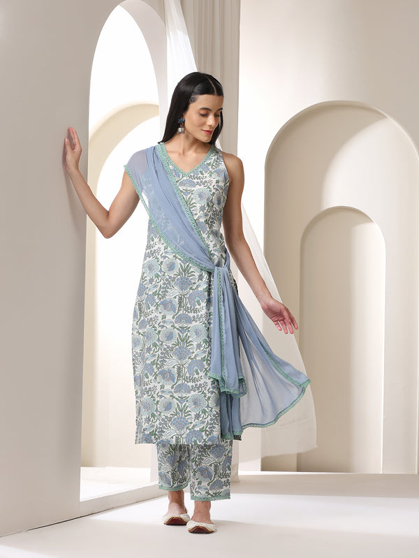 Women Floral Printed Regular Pure Cotton Kurta with Palazzos & With Dupatta