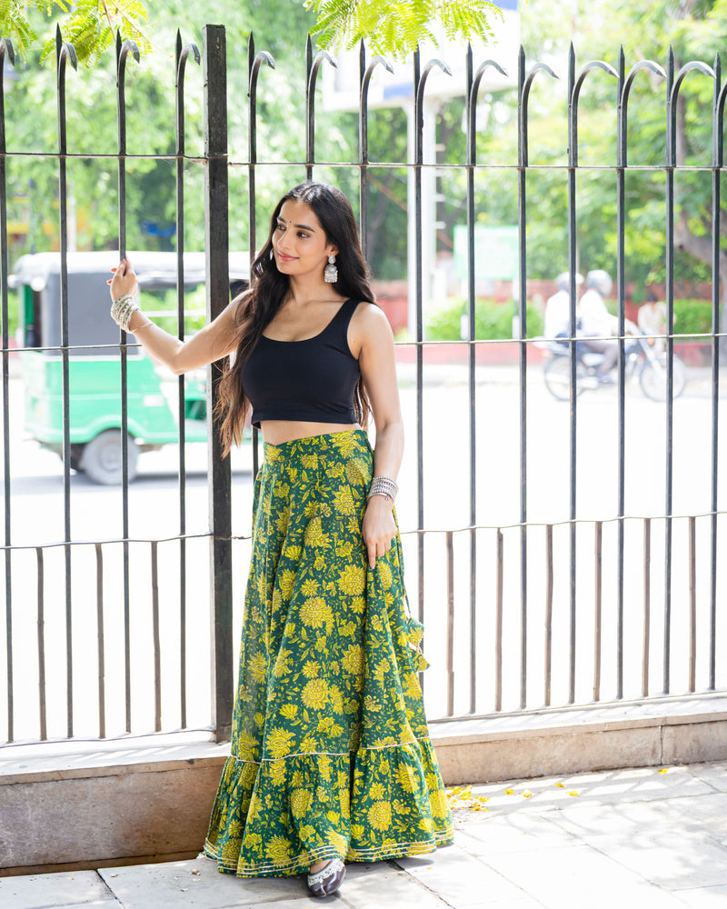 Khushal K Women's Green Printed Cotton Flared Maxi Skirt