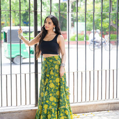 Khushal K Women's Green Printed Cotton Flared Maxi Skirt
