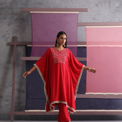 Khushal K Women Embroidered Round Neck Red Kaftan set