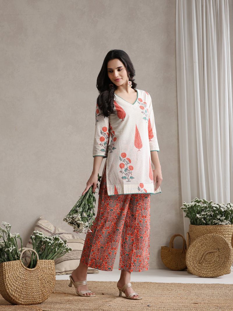 Printed Cotton V-Neck Tunic With Palazzo Co-Ords