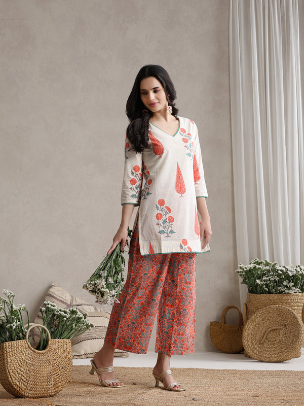 Printed Cotton V-Neck Tunic With Palazzo Co-Ords