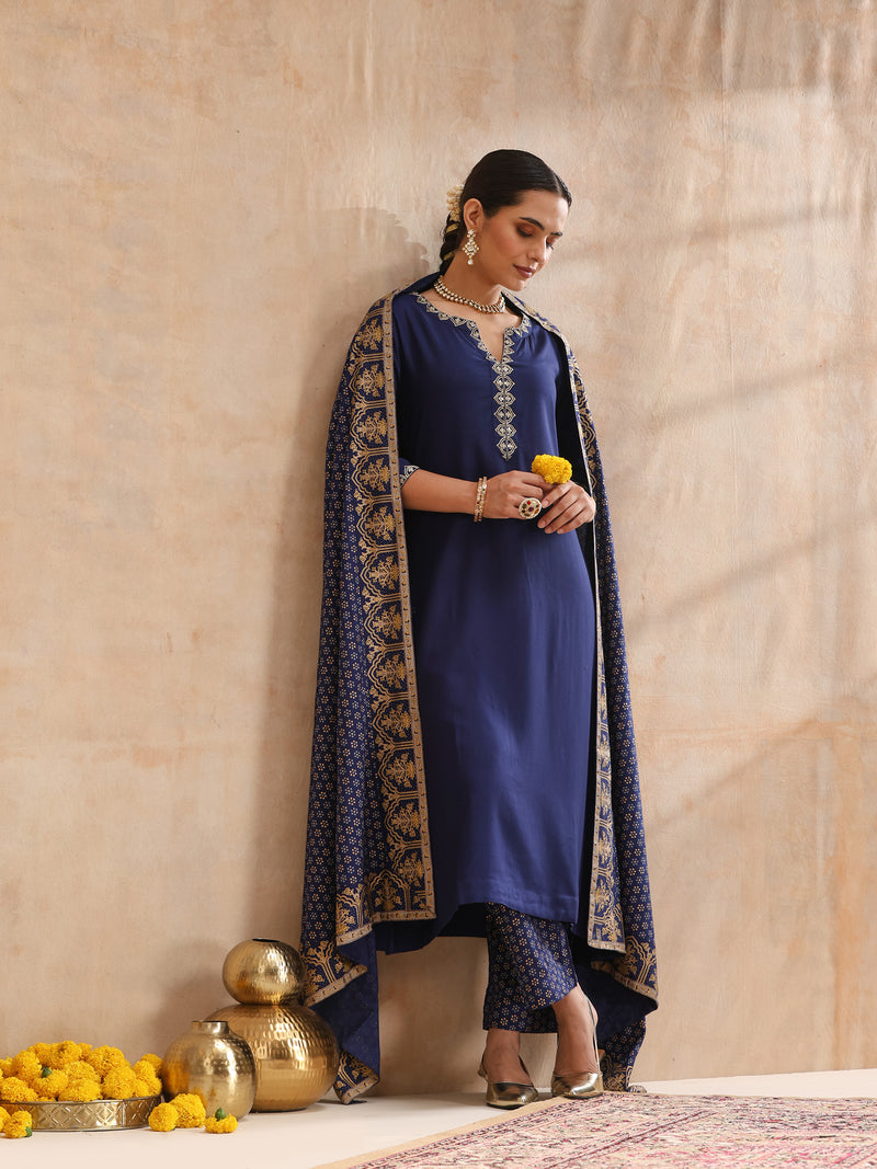 Ethnic Motifs Embroidered V-Neck Thread Work Kurta With Trousers & Dupatta