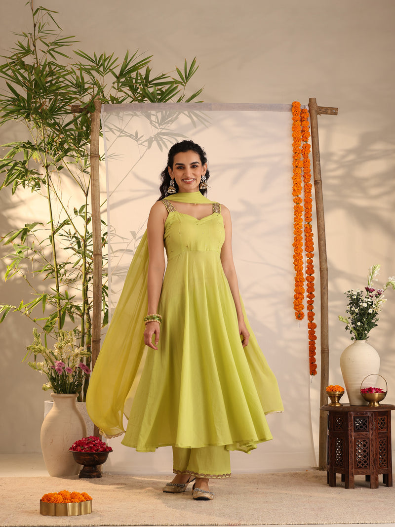 Khushal K Women Cotton Kurta and Palazzo With Dupatta Set - Green