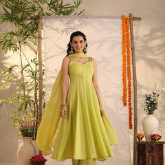 Khushal K Women Cotton Kurta and Palazzo With Dupatta Set - Green