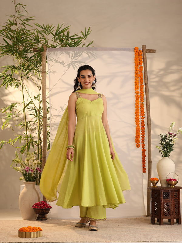 Khushal K Women Cotton Kurta and Palazzo With Dupatta Set - Green