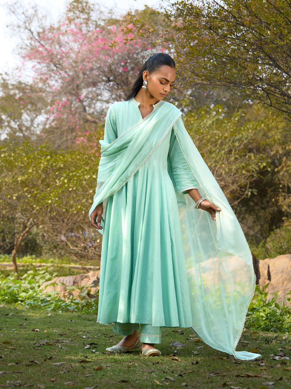 Khushal K Women Cotton Kurta and Palazzo With Dupatta Set - Green