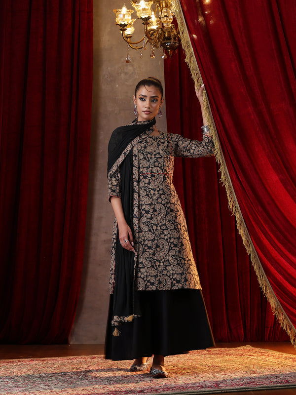 Khushal K Women Cotton kurta and palazzo with dupatta set - Black