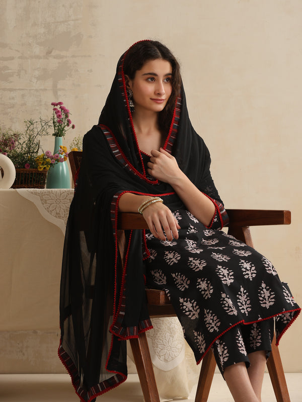 Khushal K Women Black Floral Printed Regular Pure Cotton Kurta & Palazzo With Dupatta