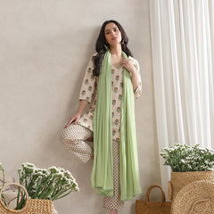 Floral Printed V-Neck Pure Cotton Kurta with Palazzos & With Dupatta