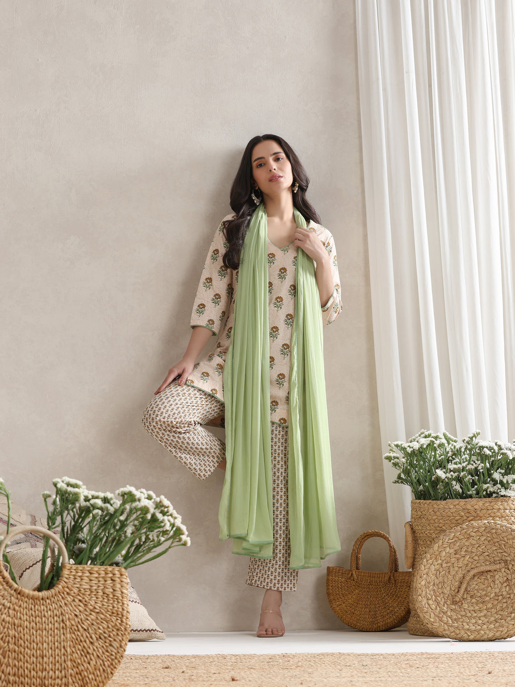 Floral Printed V-Neck Pure Cotton Kurta with Palazzos & With Dupatta