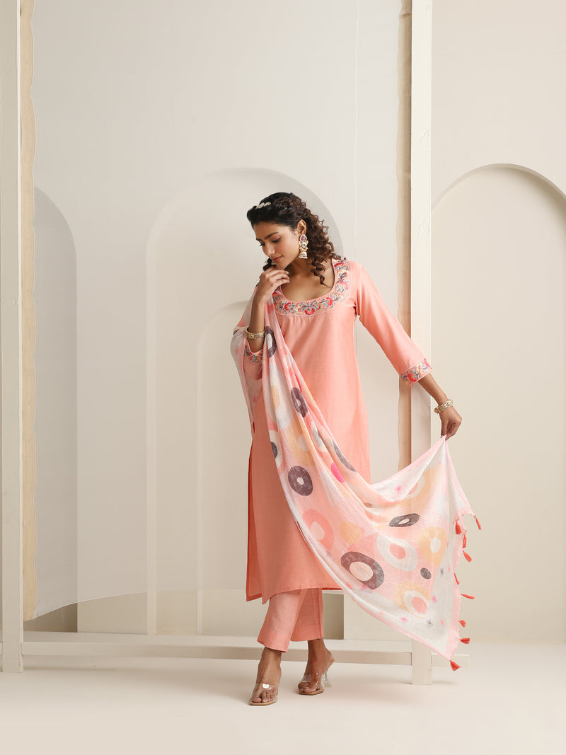 Khushal K Women Pure Silk peach Embroidered Kurta & Palazzo With Dupatta