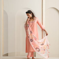 Khushal K Women Pure Silk peach Embroidered Kurta & Palazzo With Dupatta