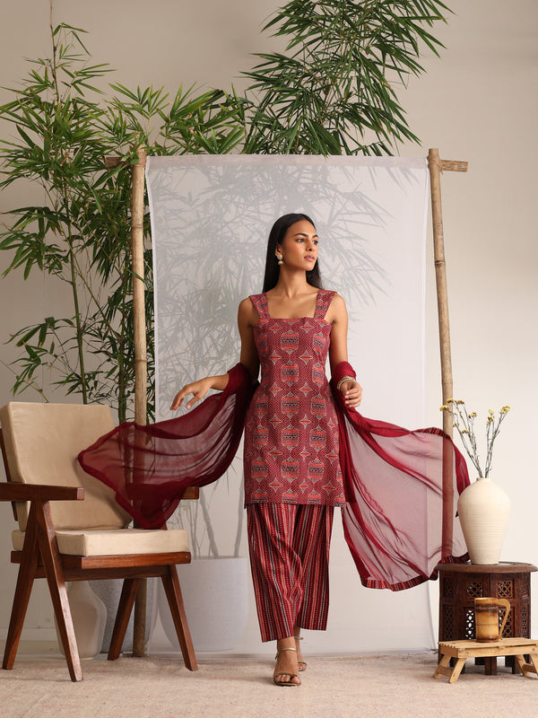 Khushal K Women Cotton kurti and Farshi Salwar with dupatta set - Maroon