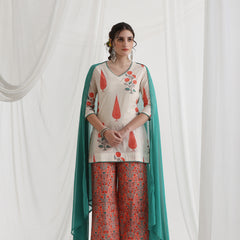 Floral Printed V-Neck Pure Cotton Kurti with Palazzos & Dupatta