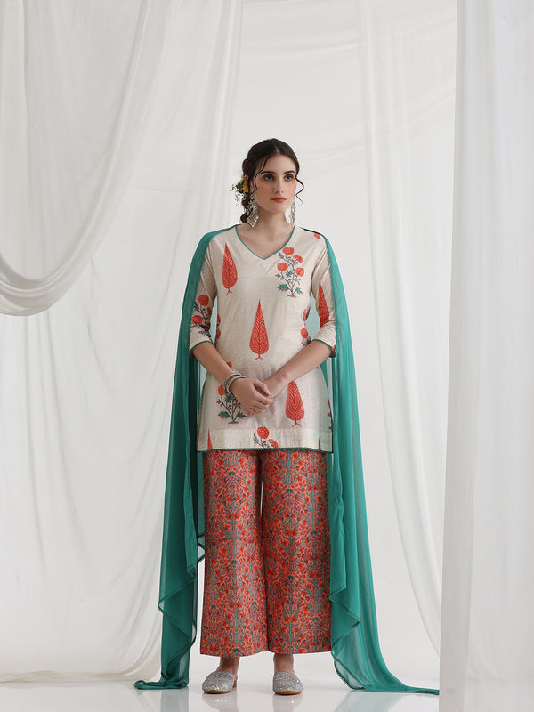 Floral Printed V-Neck Pure Cotton Kurti with Palazzos & Dupatta