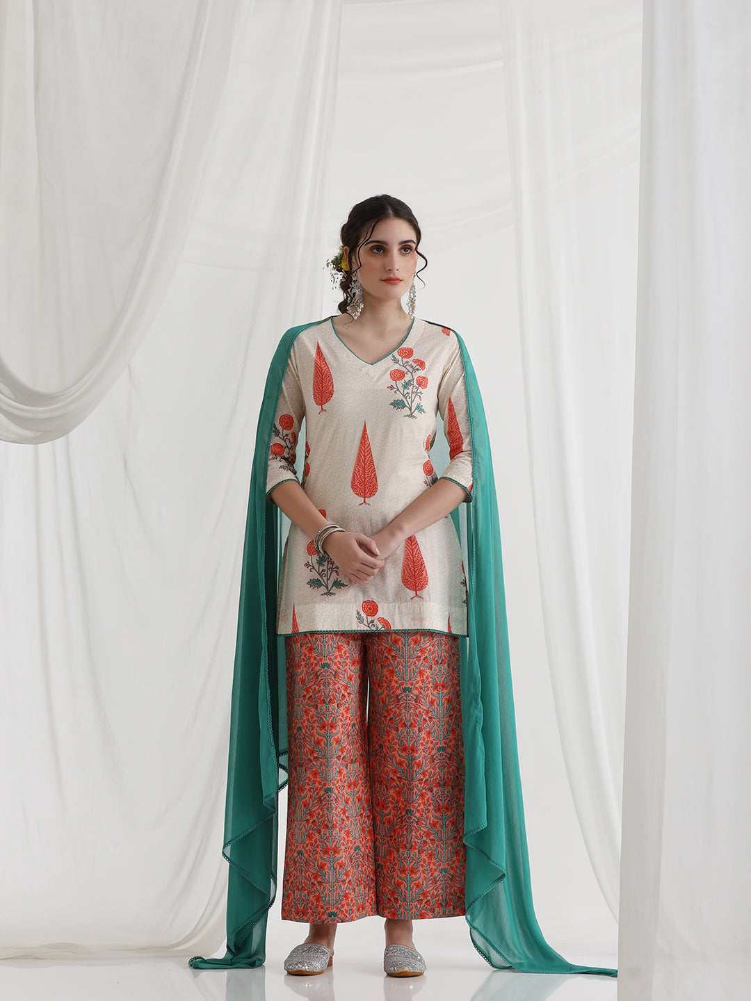 Floral Printed V-Neck Pure Cotton Kurti with Palazzos & Dupatta