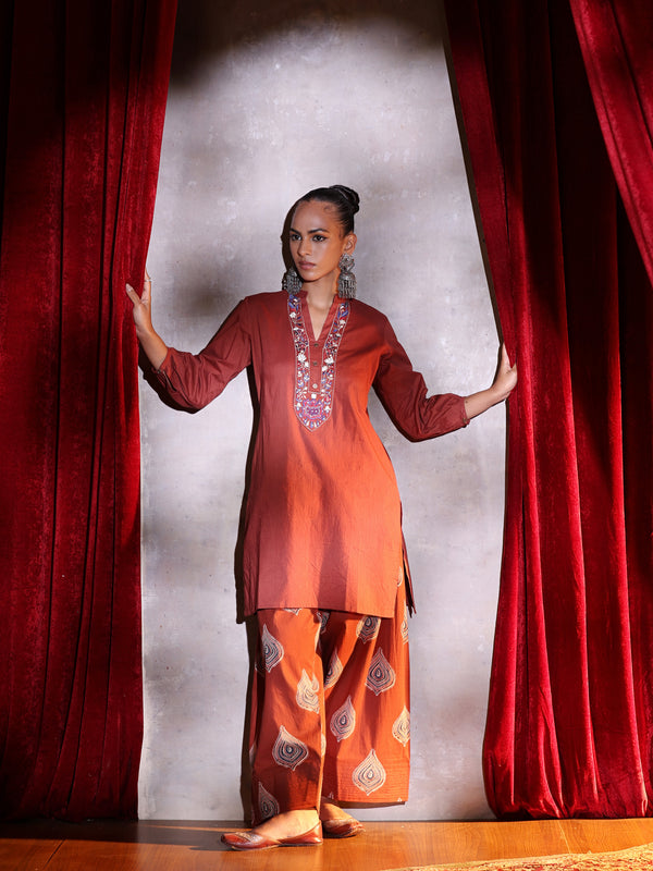Khushal K Women Cotton kurta and Farsi salwar set - Rust