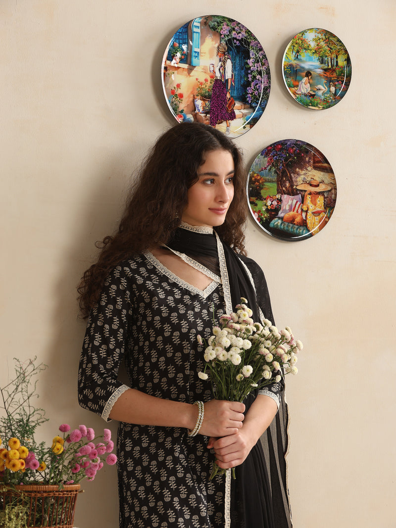 Khushal K Women Floral Printed Regular Pure Cotton Black Kurta & Palazzo With Dupatta