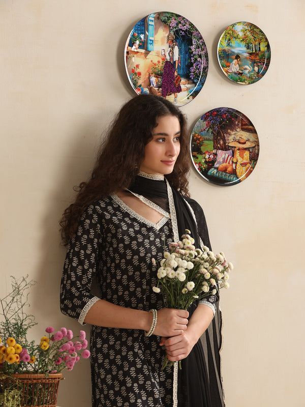 Khushal K Women Floral Printed Regular Pure Cotton Black Kurta & Palazzo With Dupatta
